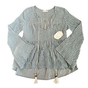 Nwt $80 Altar'd State Blue Gold Striped Blouse with Tassels